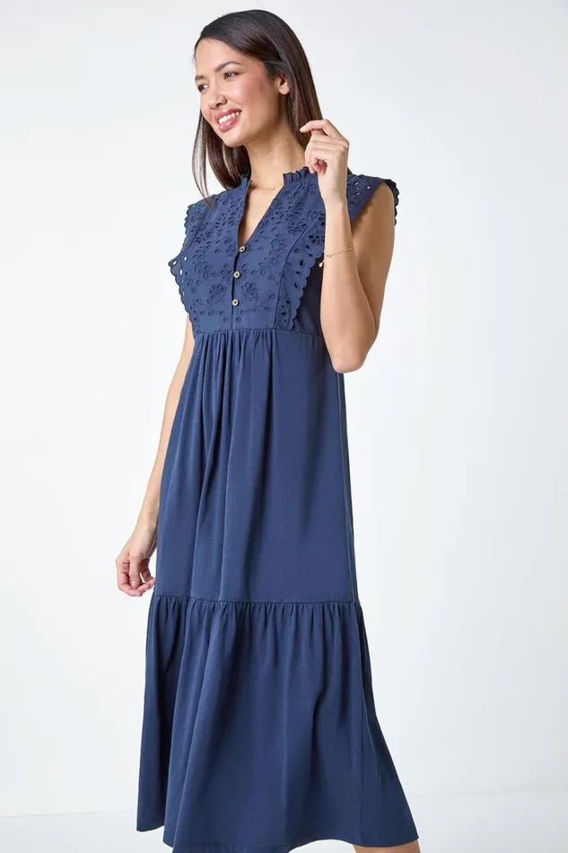Women Navy Broderie Frilled Cotton Midi Dress Roman Dresses