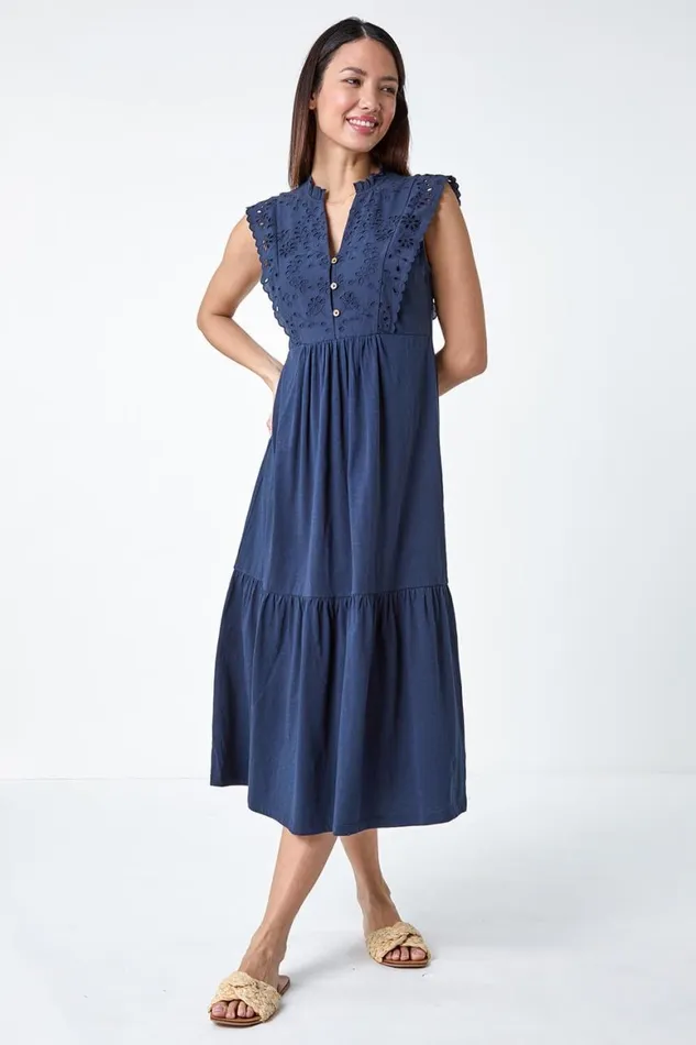 Women Navy Broderie Frilled Cotton Midi Dress Roman Dresses