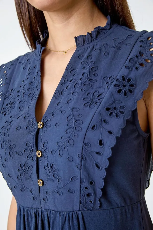 Women Navy Broderie Frilled Cotton Midi Dress Roman Dresses