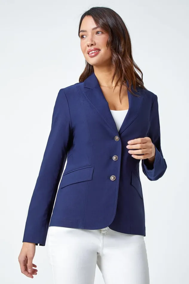 Women Navy Button Detail Stretch Blazer Roman Jackets