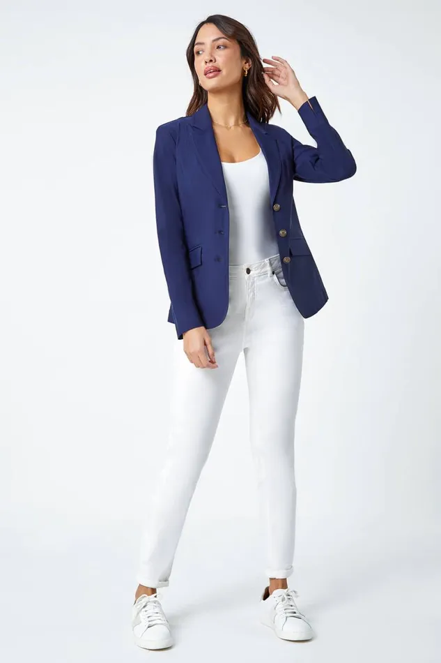 Women Navy Button Detail Stretch Blazer Roman Jackets