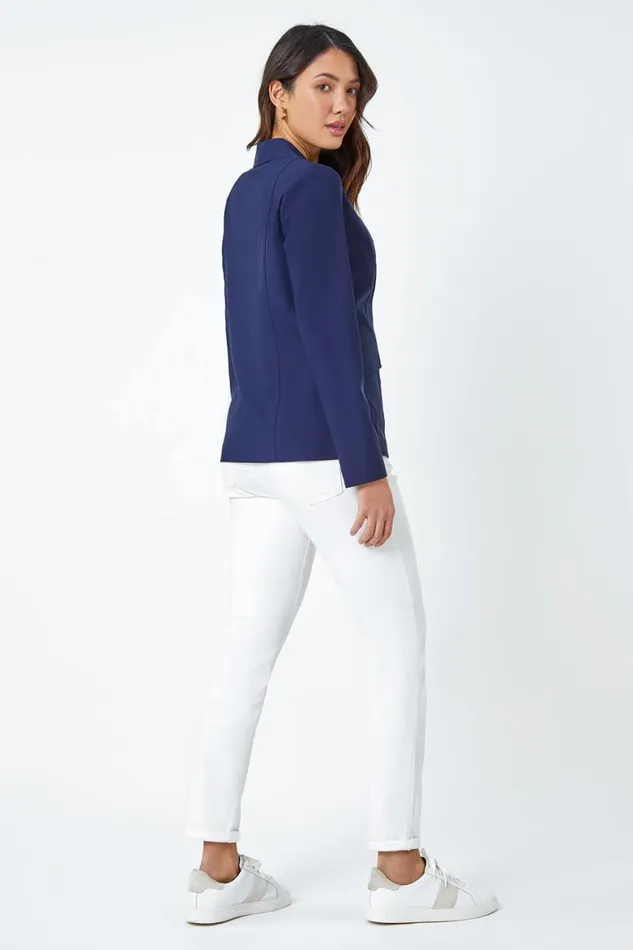 Women Navy Button Detail Stretch Blazer Roman Jackets