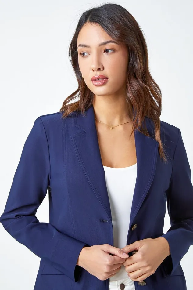 Women Navy Button Detail Stretch Blazer Roman Jackets