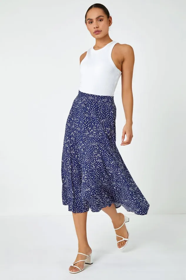 Women Navy Confetti Spot Print A Line Midi Skirt Roman Skirts