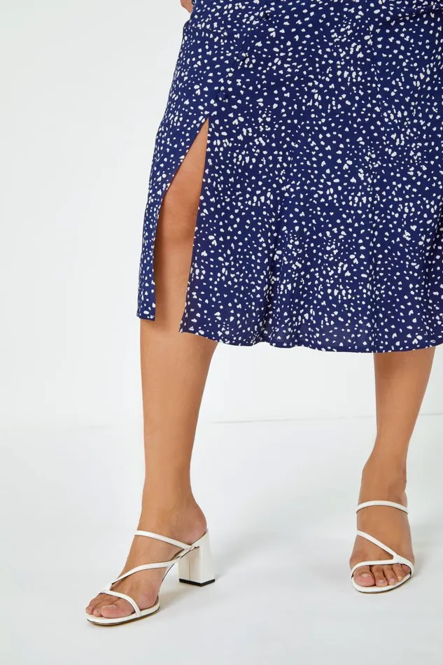 Women Navy Confetti Spot Print A Line Midi Skirt Roman Skirts