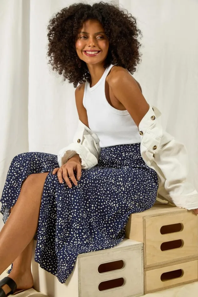 Women Navy Confetti Spot Print A Line Midi Skirt Roman Skirts