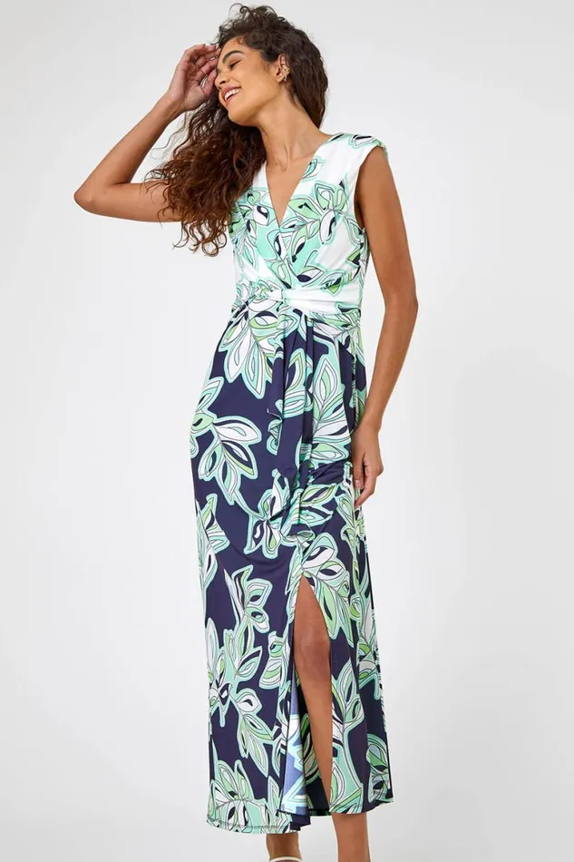 Women Navy Contrast Leaf Print Ruched Wrap Dress Roman Dresses