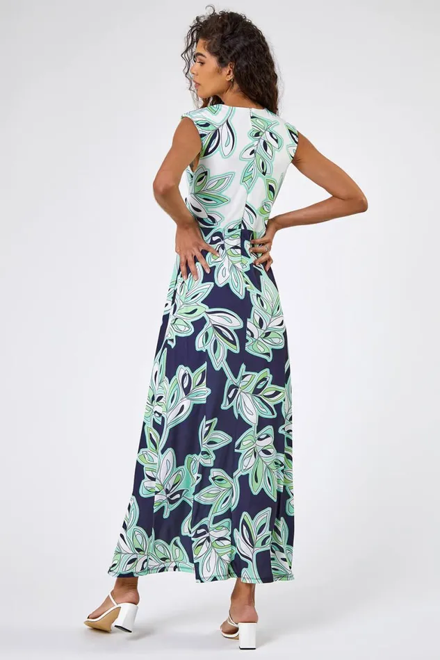 Women Navy Contrast Leaf Print Ruched Wrap Dress Roman Dresses