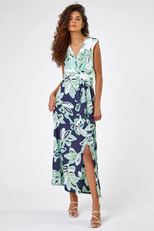 Women Navy Contrast Leaf Print Ruched Wrap Dress Roman Dresses