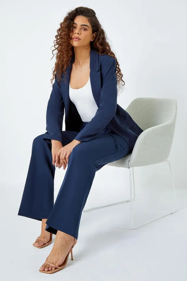 Women Navy Crepe Stretch Straight Leg Trousers Roman Occasionwear