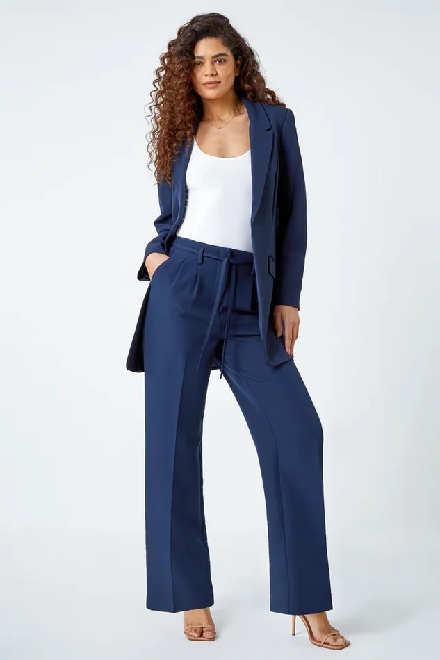 Women Navy Crepe Stretch Straight Leg Trousers Roman Occasionwear