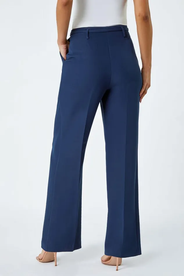 Women Navy Crepe Stretch Straight Leg Trousers Roman Occasionwear