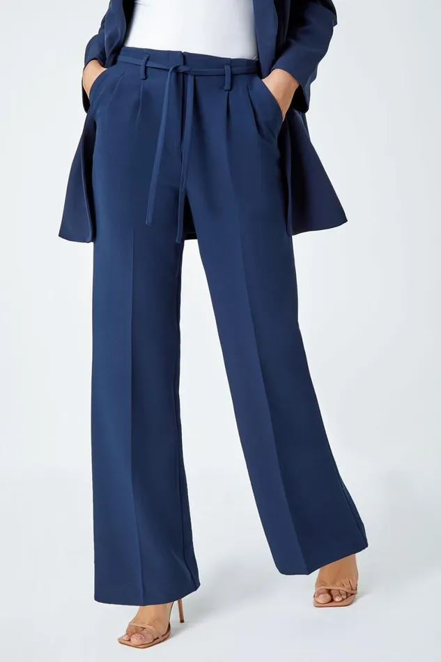 Women Navy Crepe Stretch Straight Leg Trousers Roman Occasionwear