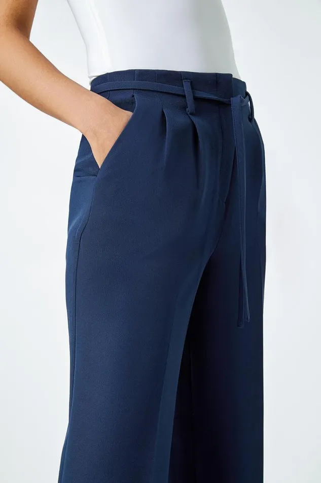 Women Navy Crepe Stretch Straight Leg Trousers Roman Occasionwear