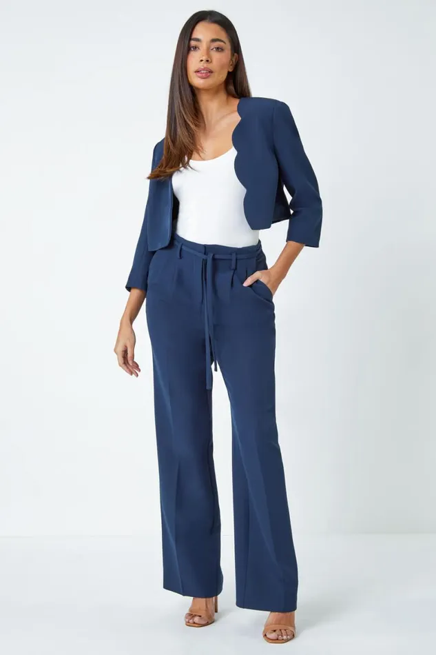 Women Navy Crepe Stretch Straight Leg Trousers Roman Occasionwear