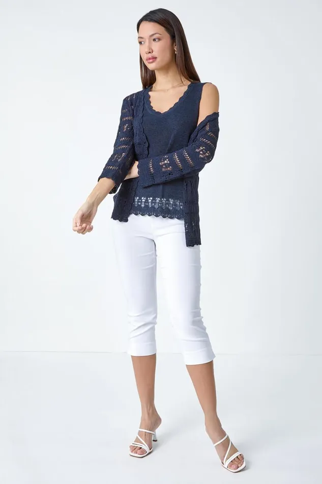 Women Navy Crochet Scalloped Trim Knit Vest Roman Tops
