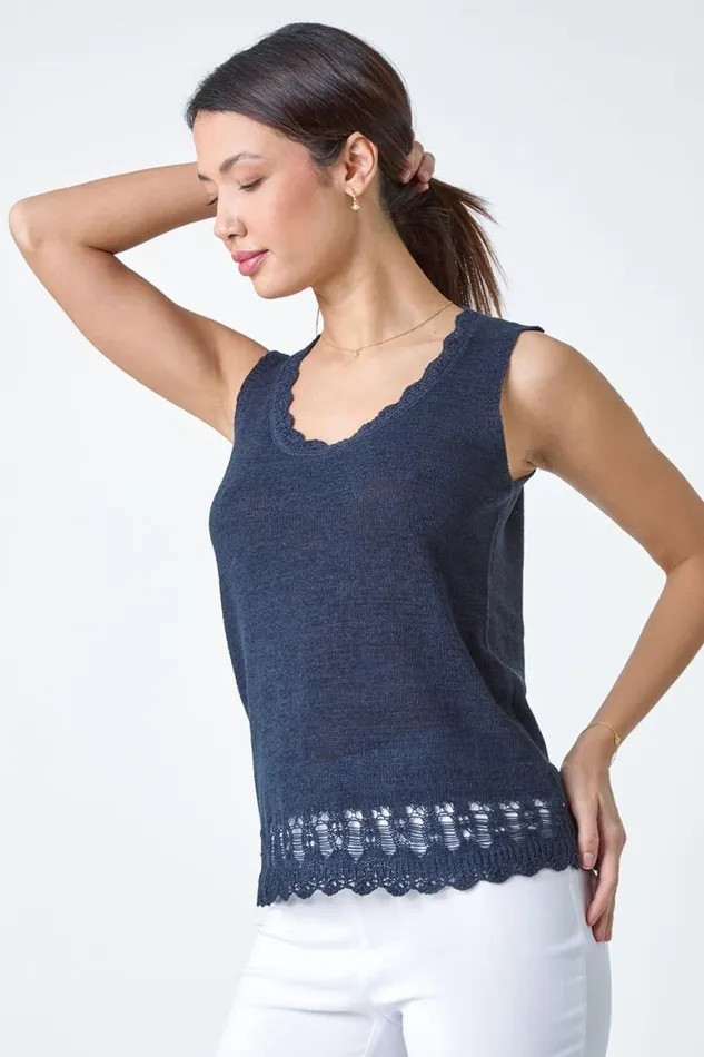 Women Navy Crochet Scalloped Trim Knit Vest Roman Tops