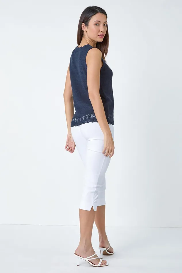 Women Navy Crochet Scalloped Trim Knit Vest Roman Tops