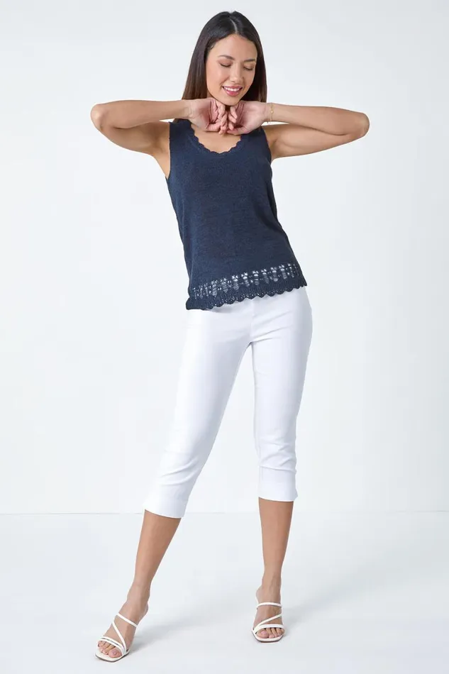 Women Navy Crochet Scalloped Trim Knit Vest Roman Tops