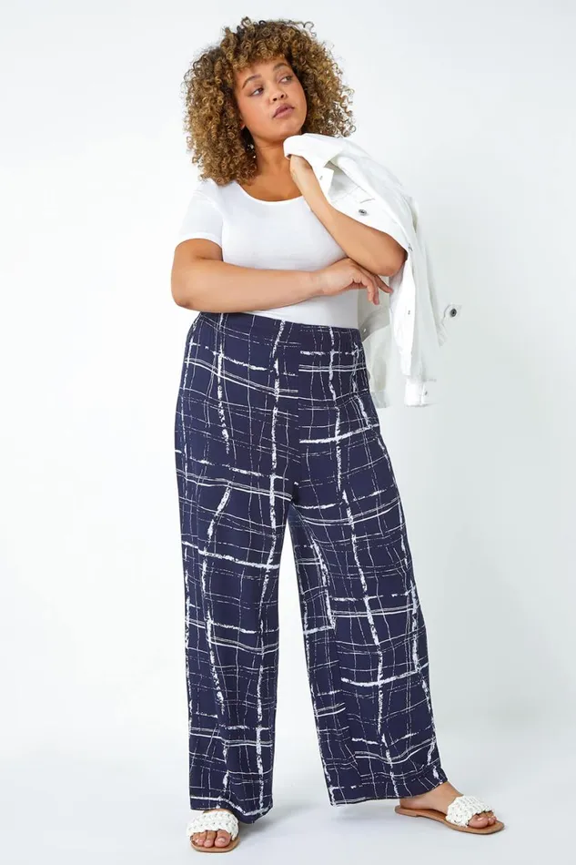 Women Navy Curve Check Elastic Waist Palazzo Trousers Roman Trousers