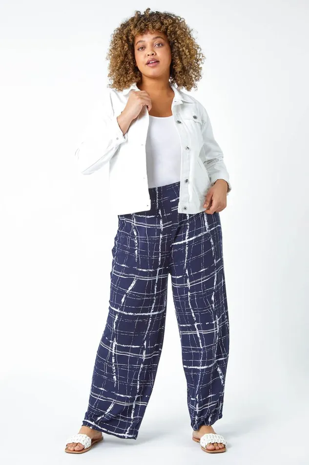 Women Navy Curve Check Elastic Waist Palazzo Trousers Roman Trousers