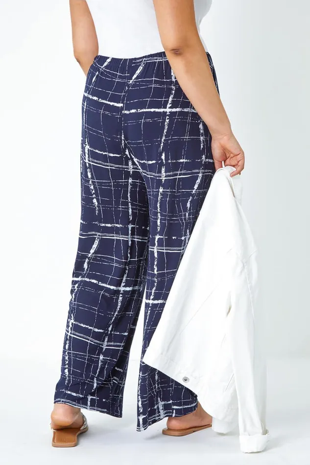 Women Navy Curve Check Elastic Waist Palazzo Trousers Roman Trousers