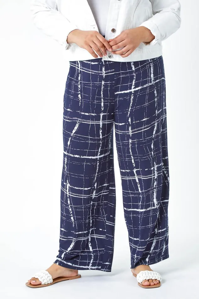 Women Navy Curve Check Elastic Waist Palazzo Trousers Roman Trousers