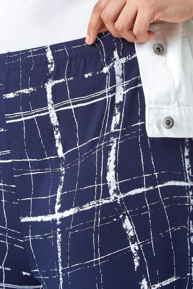 Women Navy Curve Check Elastic Waist Palazzo Trousers Roman Trousers