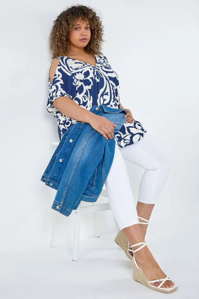 Women Navy Curve Floral Print VNeck Cold Shoulder Top Roman Tops