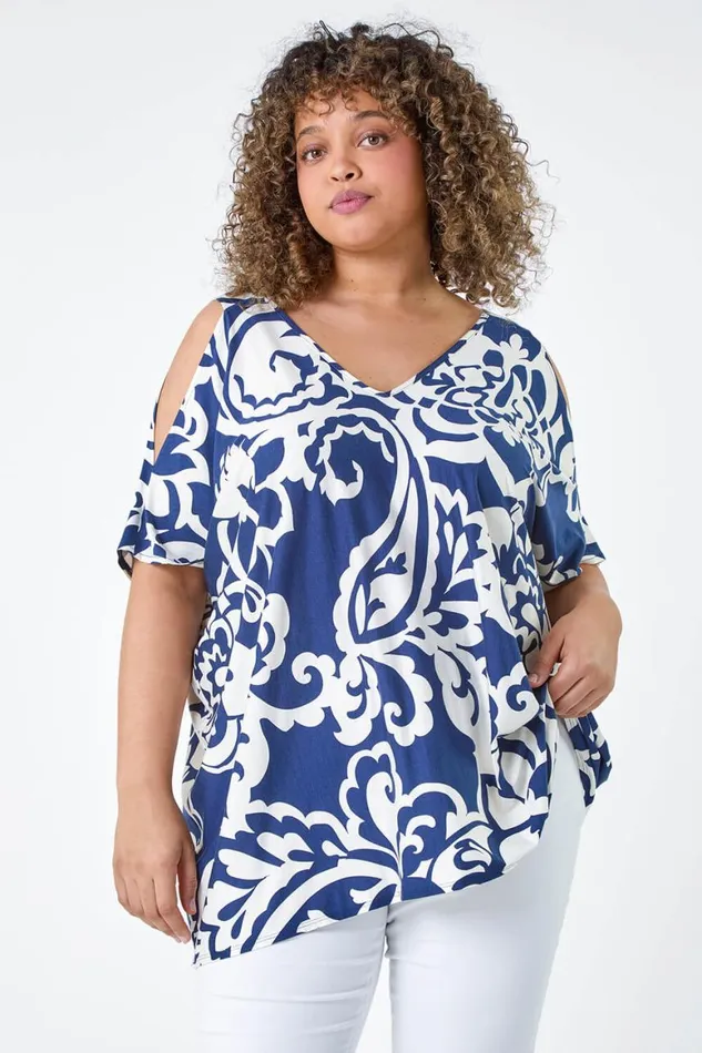 Women Navy Curve Floral Print VNeck Cold Shoulder Top Roman Tops
