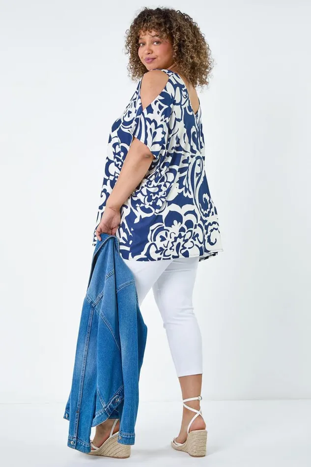 Women Navy Curve Floral Print VNeck Cold Shoulder Top Roman Tops