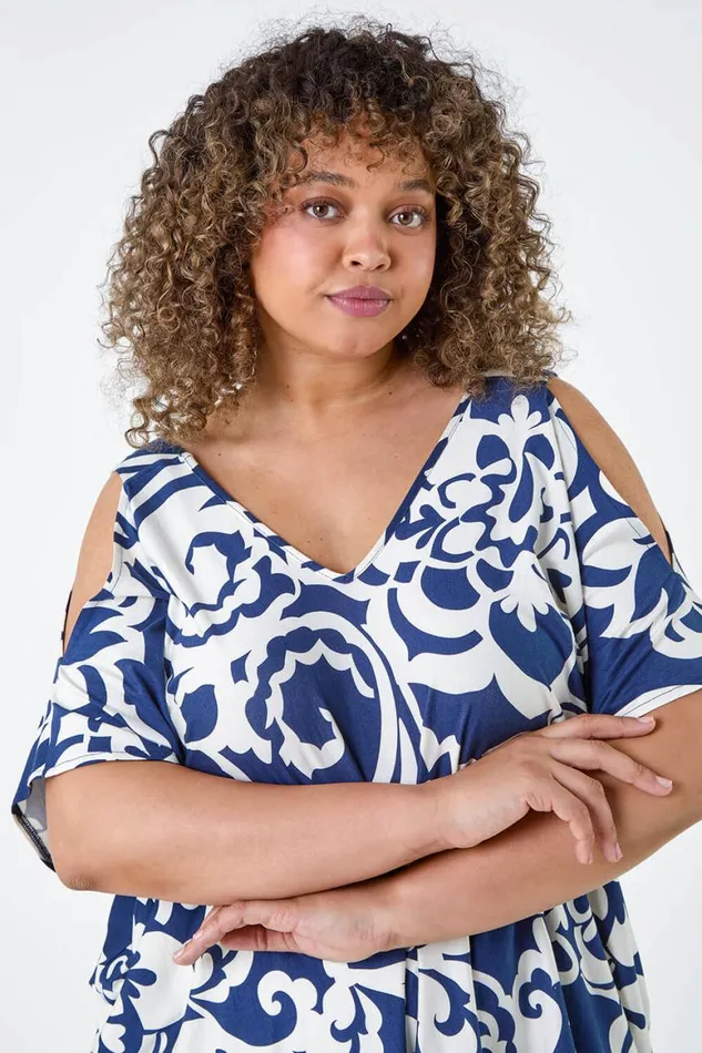 Women Navy Curve Floral Print VNeck Cold Shoulder Top Roman Tops