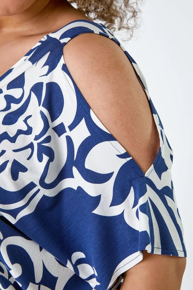 Women Navy Curve Floral Print VNeck Cold Shoulder Top Roman Tops