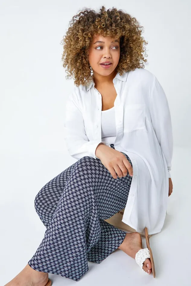 Women Navy Curve Geometric Wide Leg Stretch Trousers Roman Trousers