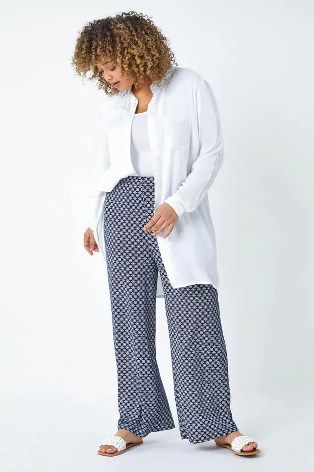 Women Navy Curve Geometric Wide Leg Stretch Trousers Roman Trousers