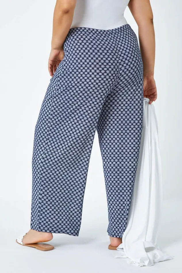 Women Navy Curve Geometric Wide Leg Stretch Trousers Roman Trousers