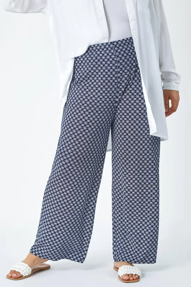 Women Navy Curve Geometric Wide Leg Stretch Trousers Roman Trousers