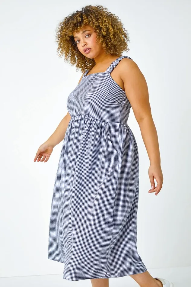 Women Navy Curve Gingham Linen Look Ruched Midi Dress Roman Dresses