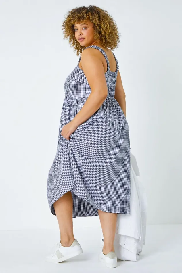 Women Navy Curve Gingham Linen Look Ruched Midi Dress Roman Dresses
