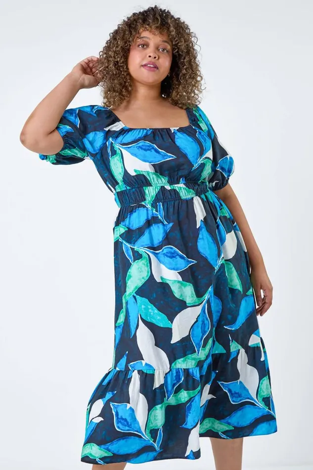 Women Navy Curve Leaf Print Shirred Midi Dress Roman Dresses
