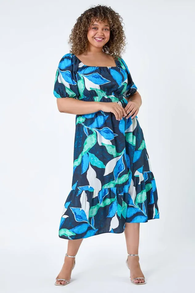 Women Navy Curve Leaf Print Shirred Midi Dress Roman Dresses