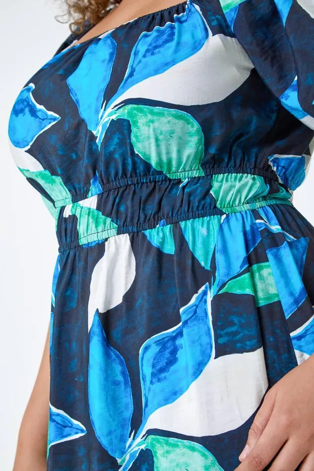Women Navy Curve Leaf Print Shirred Midi Dress Roman Dresses