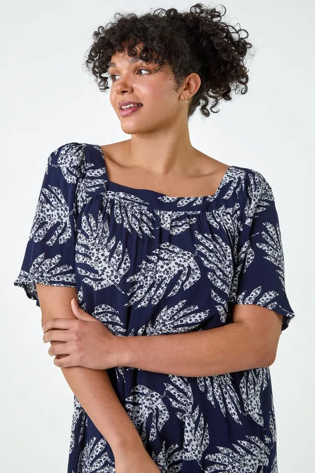 Women Navy Curve Leaf Print Square Neck Top Roman Tops