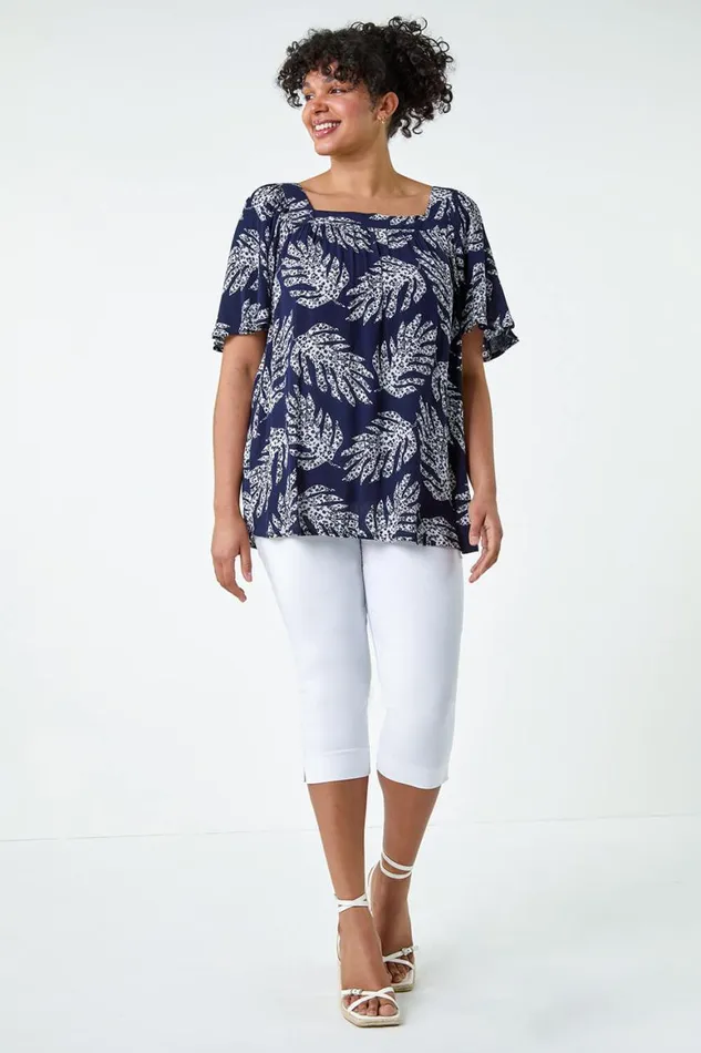 Women Navy Curve Leaf Print Square Neck Top Roman Tops