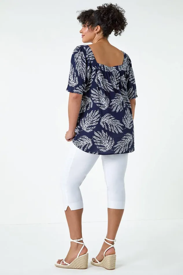 Women Navy Curve Leaf Print Square Neck Top Roman Tops