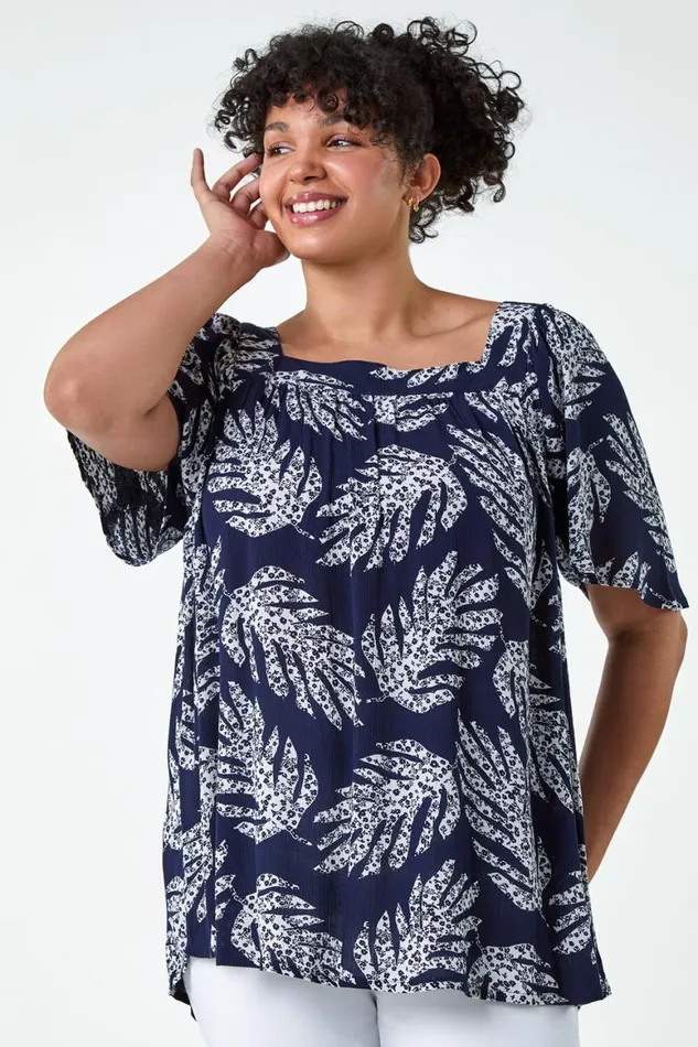 Women Navy Curve Leaf Print Square Neck Top Roman Tops