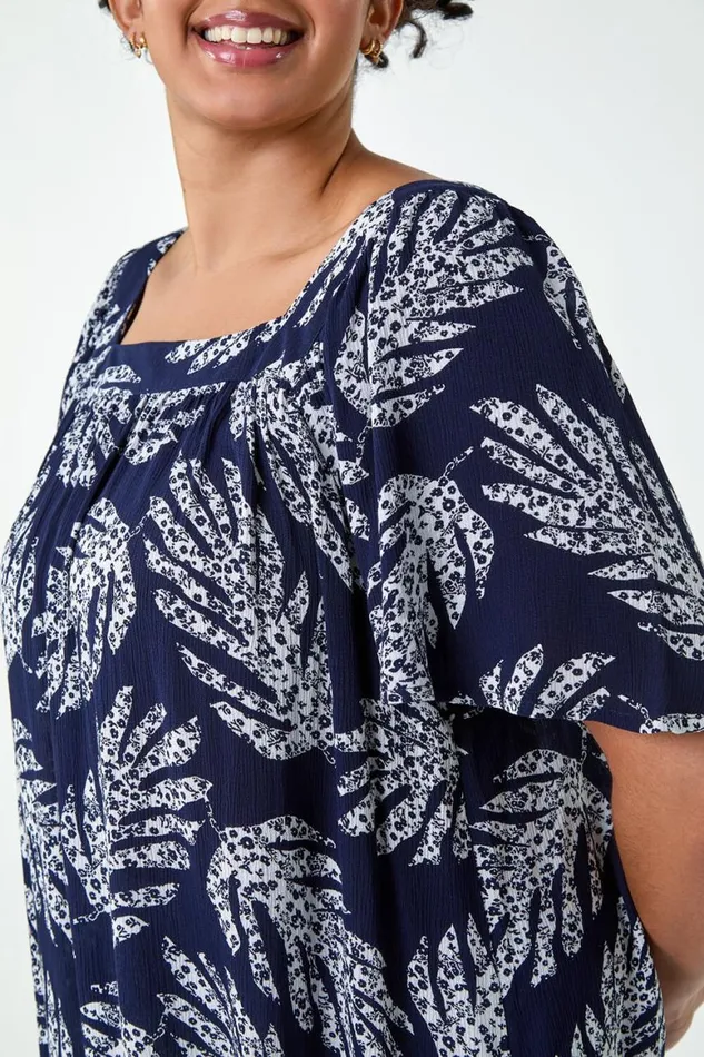 Women Navy Curve Leaf Print Square Neck Top Roman Tops