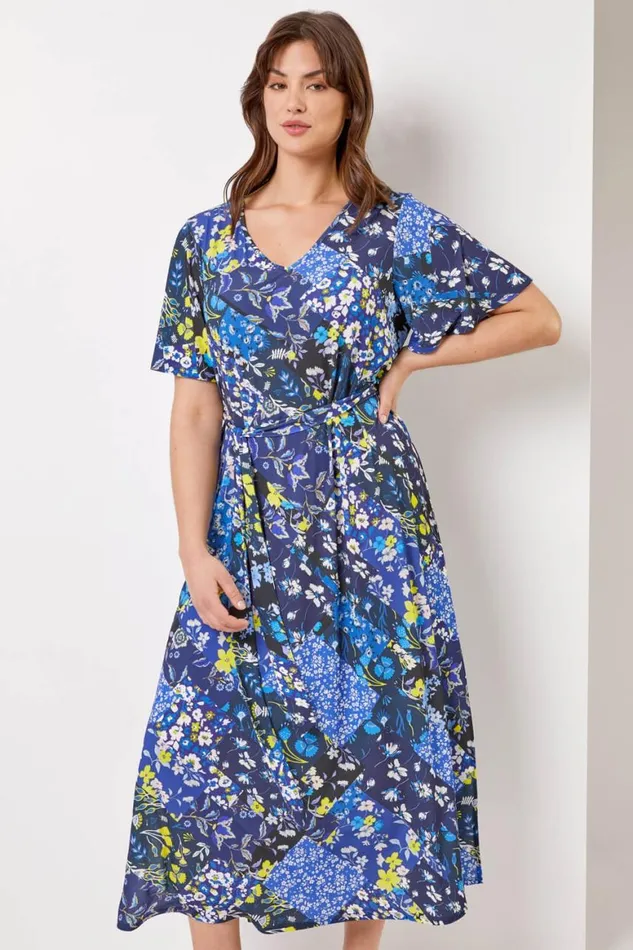 Women Navy Curve Patchwork Floral Maxi Dress Roman Dresses