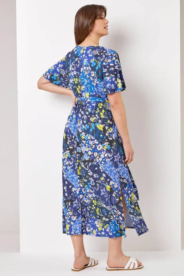 Women Navy Curve Patchwork Floral Maxi Dress Roman Dresses