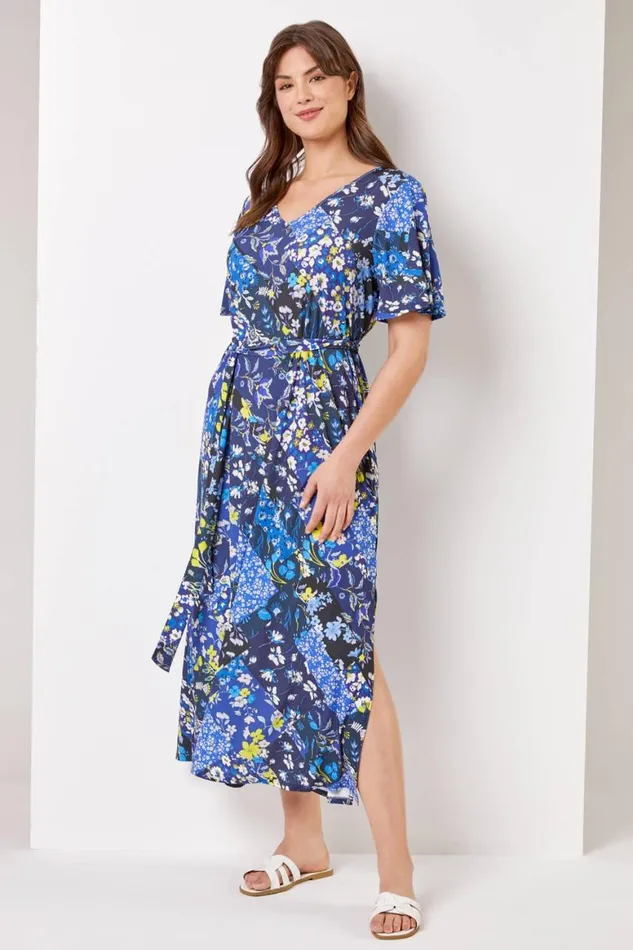 Women Navy Curve Patchwork Floral Maxi Dress Roman Dresses